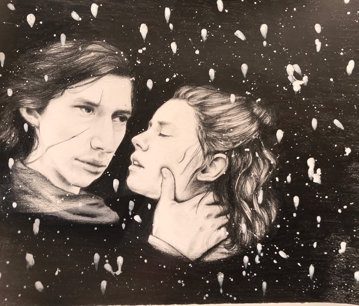 Birgithececilie's tweet photo. Finito! 👌🏻 Glad I dared to try something new, the white ink definitely adds something to it, don’t you think? #StarWars #Reylo #StarWarsFanart #starwarsart #savebensolo #illustration https://t.co/RK3sDbF9L3
