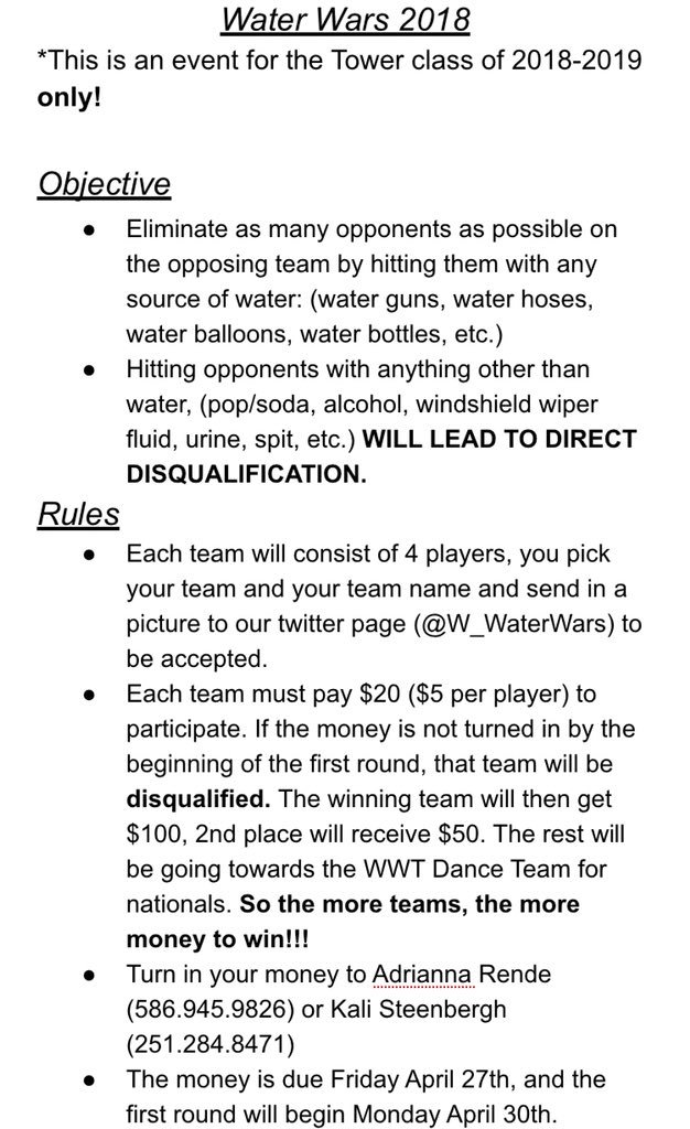 W_WaterWars's tweet photo. OFFICAL RULES *correction, open to all grades* start putting together your teams &amp; DM this page, but turning in money will secure your spot! Also, DM this page with any questions! *Money due by next Friday, Starts the Monday after* RT TO SPREAD THE WORD!! https://t.co/5tHPWPhRBZ