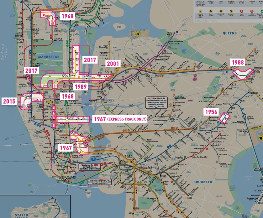 urbenschneider's tweet photo. These are the only parts of the NYC subway that have been added or substantially changed since 1945 https://t.co/MbTotFYNKx https://t.co/gYBHrWR03i