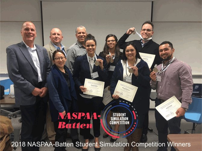 naspaa's tweet photo. California Students Nab Top Prize in the
2018 NASPAA-Batten Student Simulation Competition! https://t.co/yqDVmGP6FQ
@sjsucoss @UVaBatten #NBSim2018 https://t.co/JOt0WPJkXj