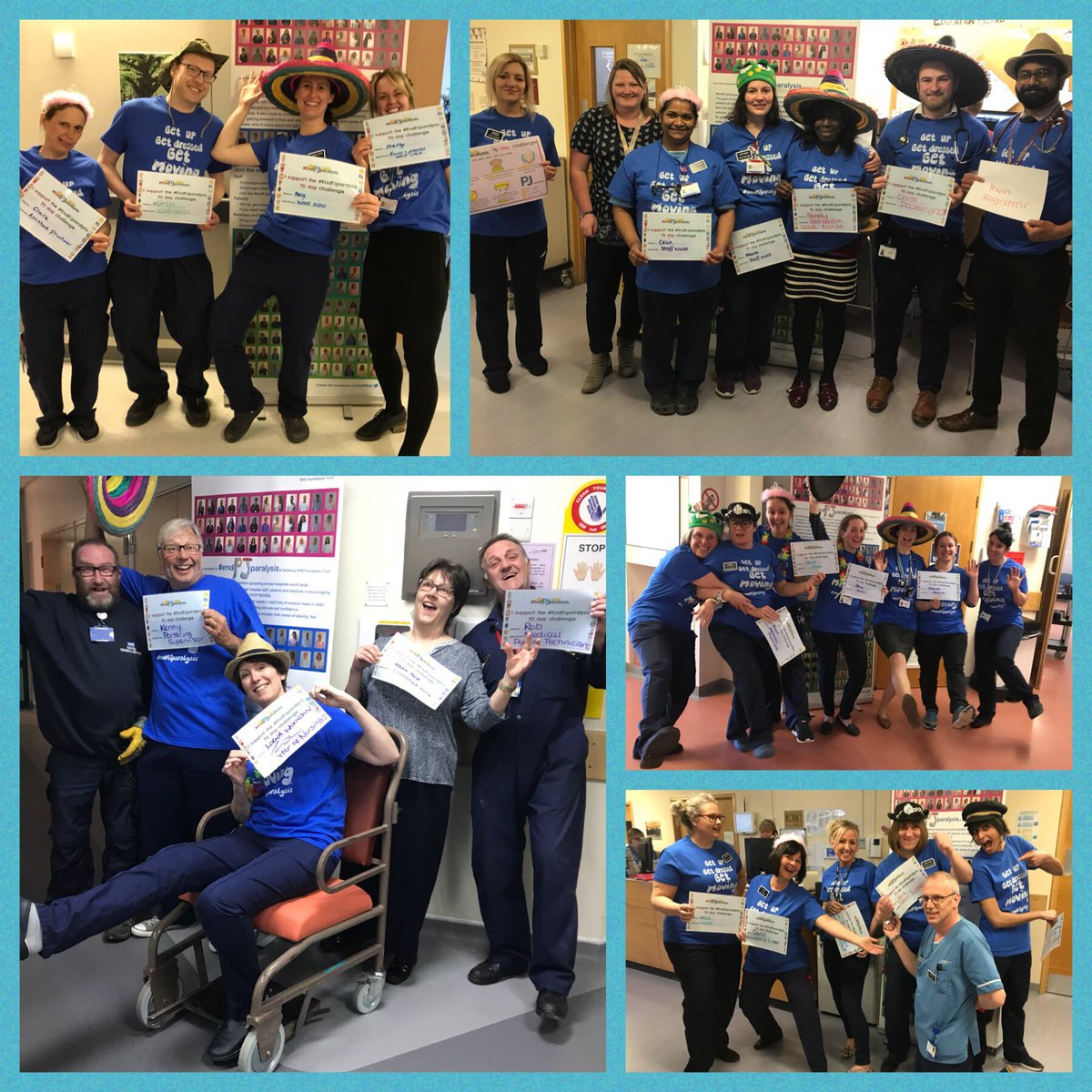 SFTTherapyTeam's tweet photo. 💪Bringing teams together! Fun, lots of laughter, cake, dressing up but most of all a message that everyone from every profession in healthcare fully supports... 🕺Get Up, 👕Get Dressed, 🏃‍♀️Get Moving ...and get home sooner! 🏠 #EndPJparalysis #endPJparalysis70 @SalisburyNHS https://t.co/9CchQvhAaG