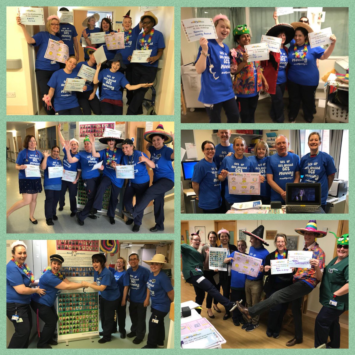 SFTTherapyTeam's tweet photo. 💪Bringing teams together! Fun, lots of laughter, cake, dressing up but most of all a message that everyone from every profession in healthcare fully supports... 🕺Get Up, 👕Get Dressed, 🏃‍♀️Get Moving ...and get home sooner! 🏠 #EndPJparalysis #endPJparalysis70 @SalisburyNHS https://t.co/9CchQvhAaG