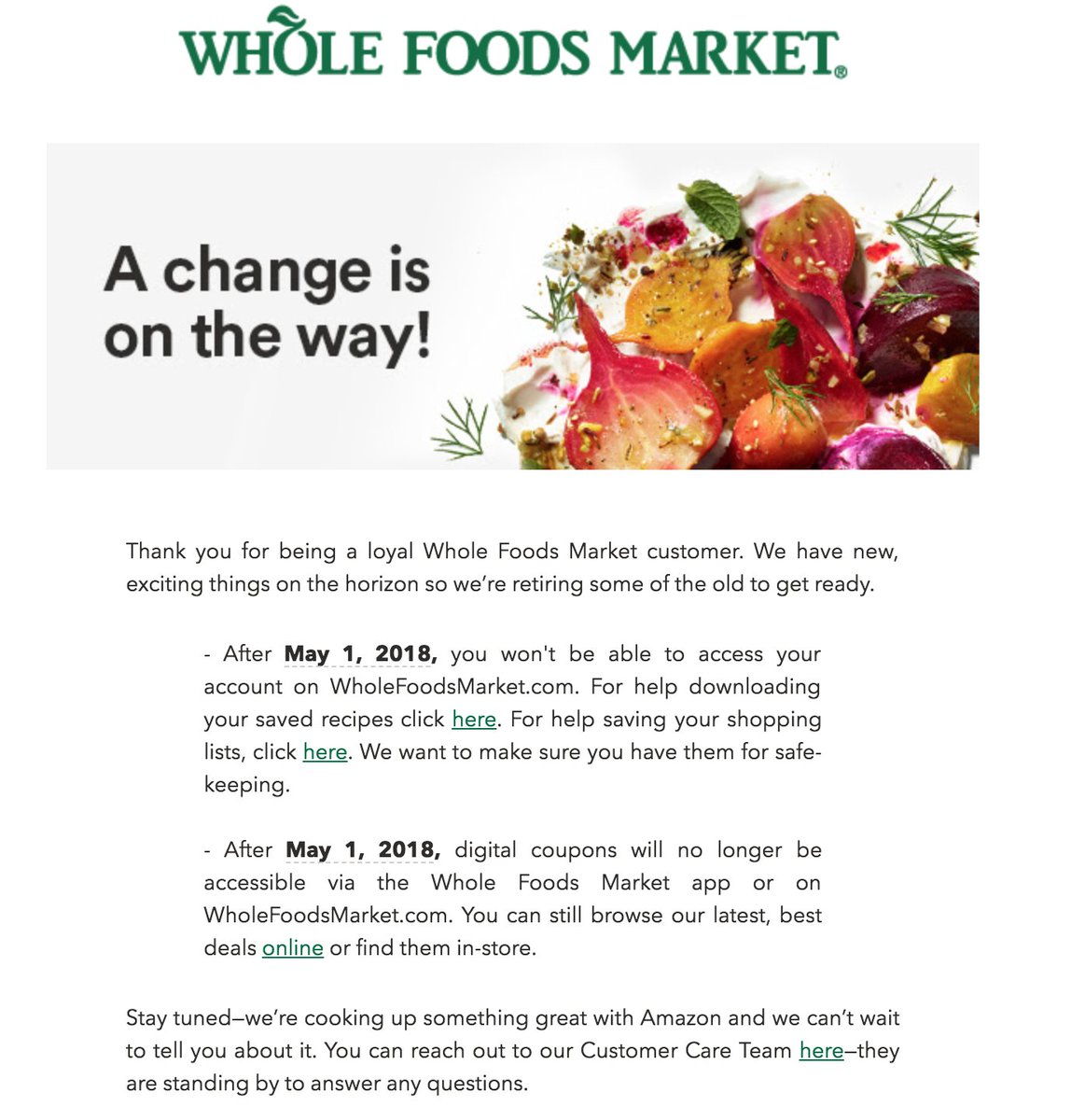 diloreto's tweet photo. .@WholeFoods you're doing it wrong. When you advertise new, exciting changes, only to drop services, it's disheartening. I would have started with what you're giving me, not taking away. #AddDontDrop #BasicMarketing #UX @amazon https://t.co/h53Oyln7O8