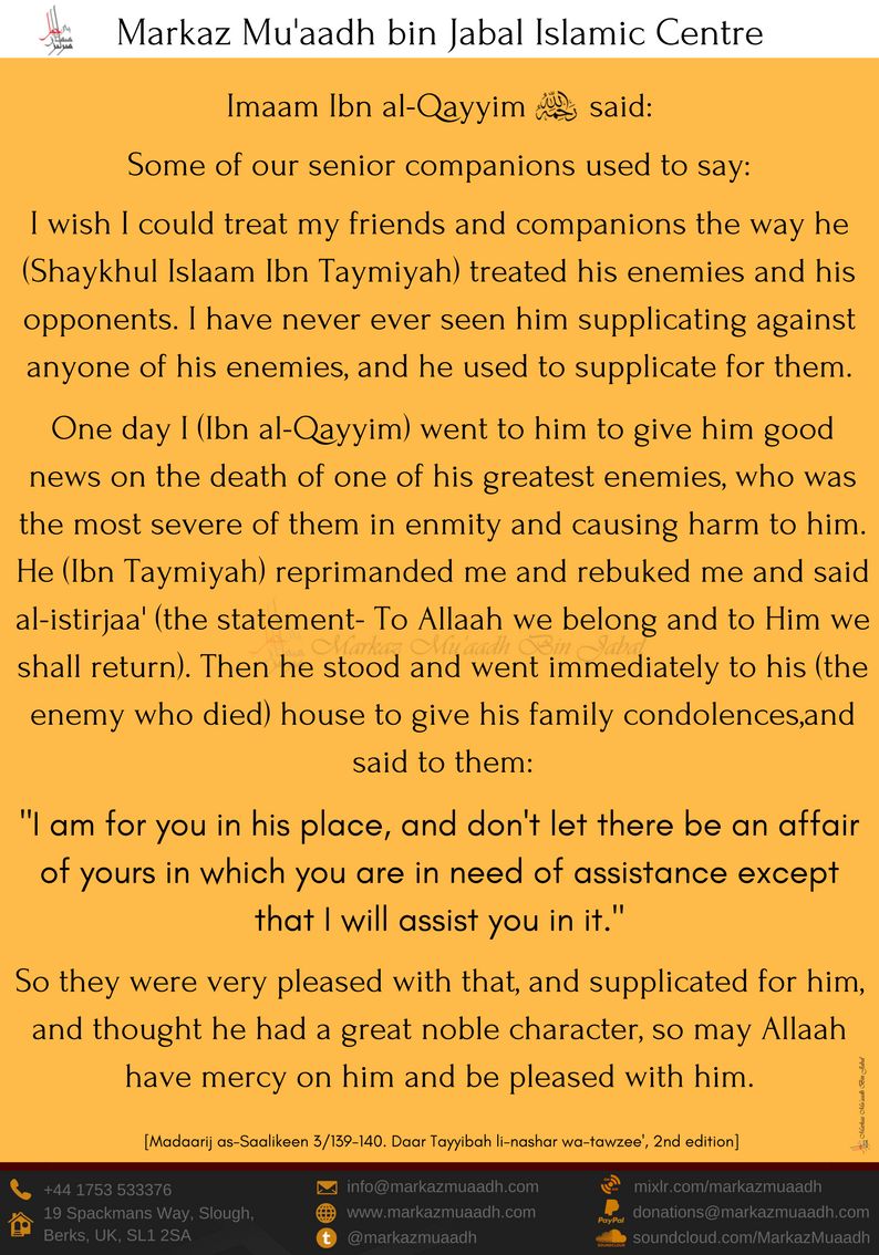 MarkazMuaadh's tweet photo. If only we could treat our parents, wives and dear ones the way the great Salafi scholar- Shaykhul Islaam Ibn Taymiyah رحمه الله treated his enemies, a narration that brings tears to one's eyes and makes one think about the way we treat others especially those close to us... https://t.co/TooxVwRIyr