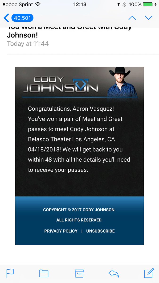 aaronvasquez12's tweet photo. See you Wednesday @codyjohnsonband 🤠 #backtomyfave https://t.co/qsrsLg5Qpk