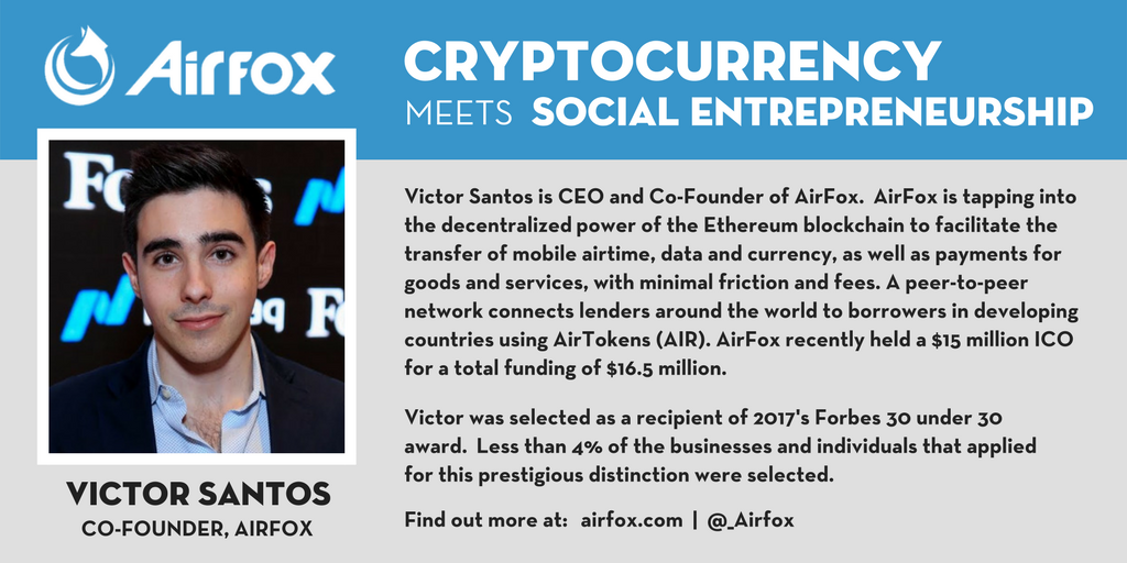 tieboston's tweet photo. Victor Santos @DSantos_Victor CEO &amp; Co-Founder @_Airfox &amp; speaker at our #Cryptocurrency session "Understanding ICO's: The Latest in Crowdfunding, Currency, and Cons" taking place Apr 25 in #Boston during #bosblockchainweek - tickets on sale at: https://t.co/KnQOwr1ZfR! #ICOs https://t.co/l6V4gQ5rAQ