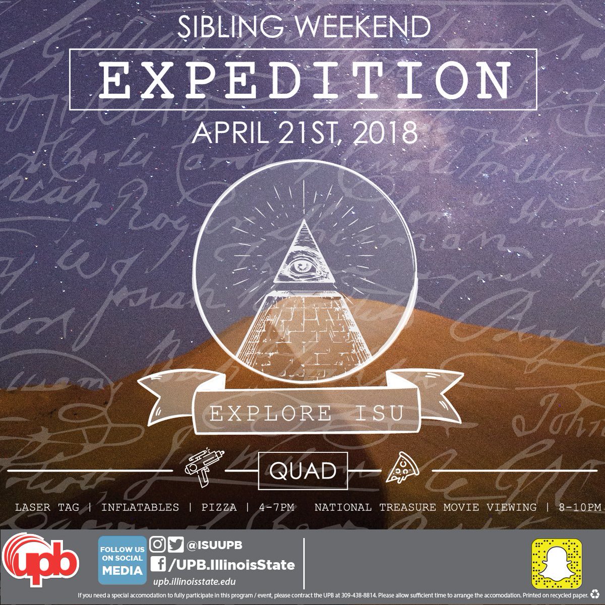 ISUUPB's tweet photo. Celebrate Sibling Weekend Expedition with UPB on Saturday! There will be laser tag, inflatables and free pizza on the quad from 4-7pm! Afterwards, there will be a showing of National Treasure from 8-10pm #ExploreISU #SiblingWeekend https://t.co/Sc5Cp9cylV
