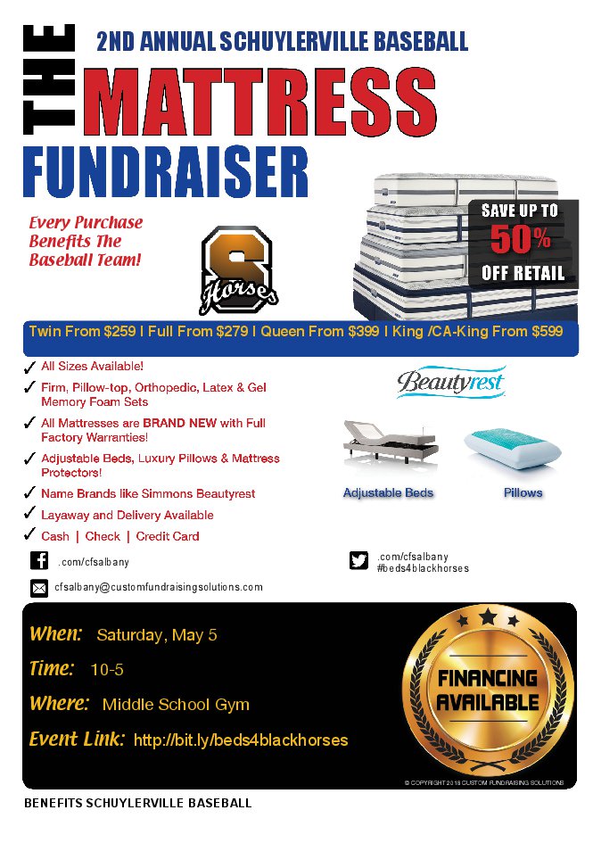 cfsalbany's tweet photo. @BaseballHorses SAVE the DATE!  The Black Horses Mattress Fundraiser is coming! Need a new mattress? Save up to 50% off Retail! May 5th 10am-5pm at the middle school gym! #beds4blackhorses  https://t.co/LYuEaOKBgn https://t.co/u9ssvfTsDk