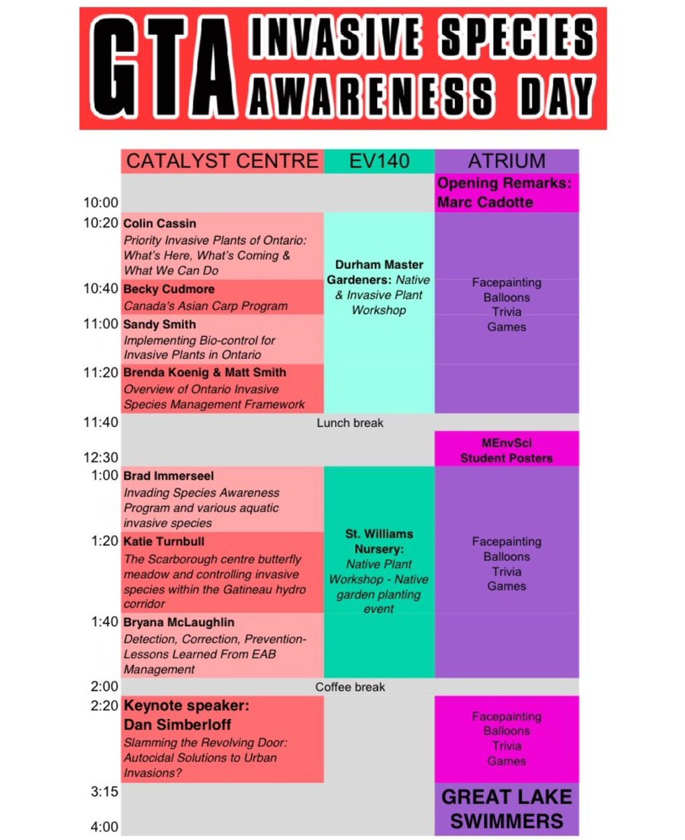 gtainvasion's tweet photo. Our final schedule has been released or #GTAinvasion at the University of Toronto Scarborough Campus. Come here some amazing talks by some amazing people this Saturday April 21st! 

What talk are you most excited for.
 #invasive #schedule #freeevents https://t.co/iY5xFRjsbt