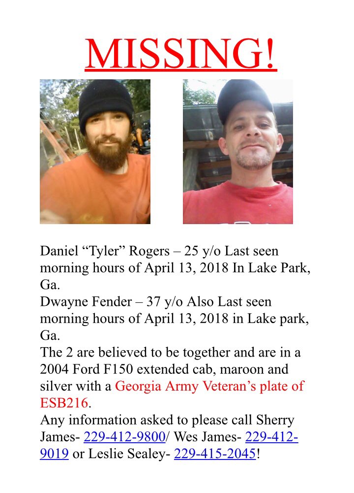 CadeWALB's tweet photo. Tyler Rogers &amp; Dwayne Fender missing since Friday from Lowndes County. If you see them contact 911. #themissing #georgiamissing https://t.co/a3Ed3gnSlw