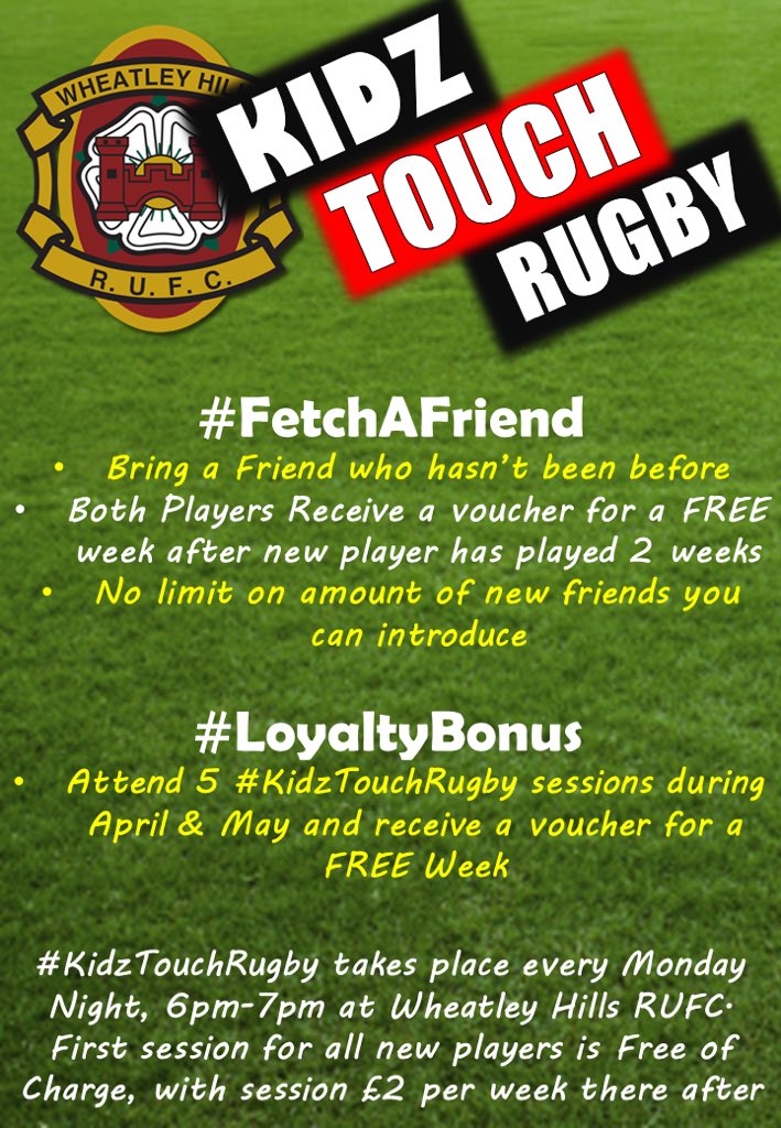 WheatleyHillsRU's tweet photo. Another cracking night of #KidzTouchRugby down at the club.
Why not come along and join us next week?
All kids aged 6-16 welcome
Don’t forget we have to special offers running #FetchAFriend #LoyaltyBonus
#DoncasterIsGreat #BarnsleyIsBrill #SouthYorkshire #rotherhamiswonderful https://t.co/C9OslfXEZE