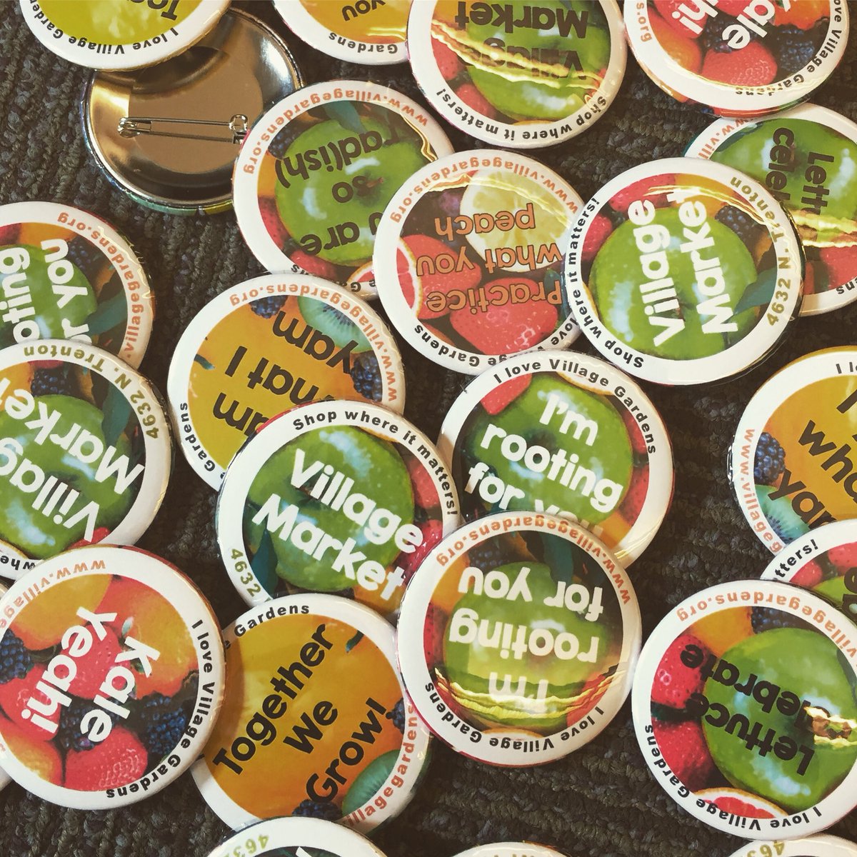 Buttons are ready for our May 5th celebration at Village Market. Get a button with any donation or purchase made between 12-3 on Saturday May 5th. #buttons #goodfood #villagemarket #vmbday #kaleyeah