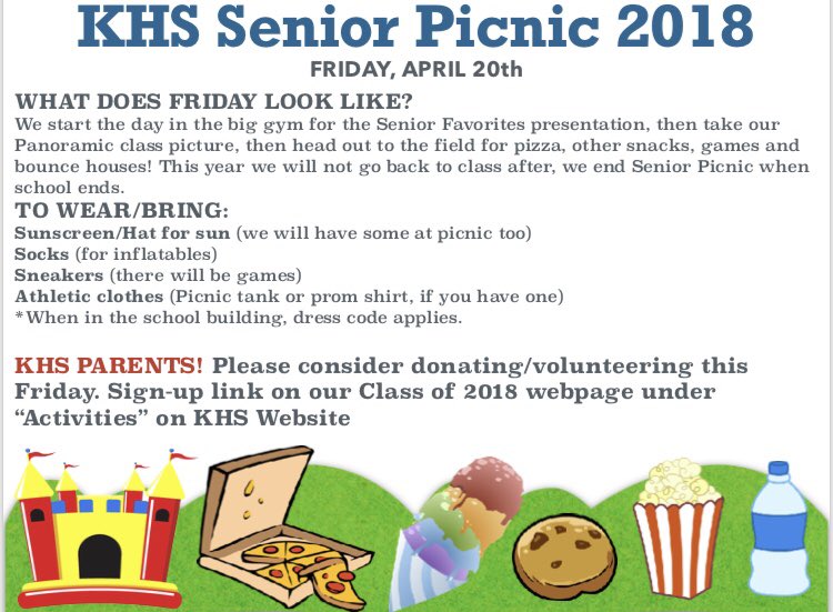 khsclassof18's tweet photo. ‼️SENIOR PICNIC INFO‼️
Please share with students and parents! Link to donate items/volunteer time: https://t.co/ENV2rgT32H https://t.co/Zu2eHbCCPO