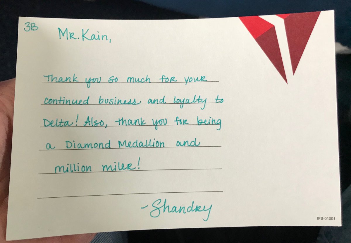 davidkain01's tweet photo. An unexpected and greatly appreciated way to be welcomed onto my flight today. How about a handwritten note to express to a client your own appreciation today. I’m inspired to pay it forward. @Delta should be very proud. #QualityCommunications. https://t.co/ogKS9s1FvN