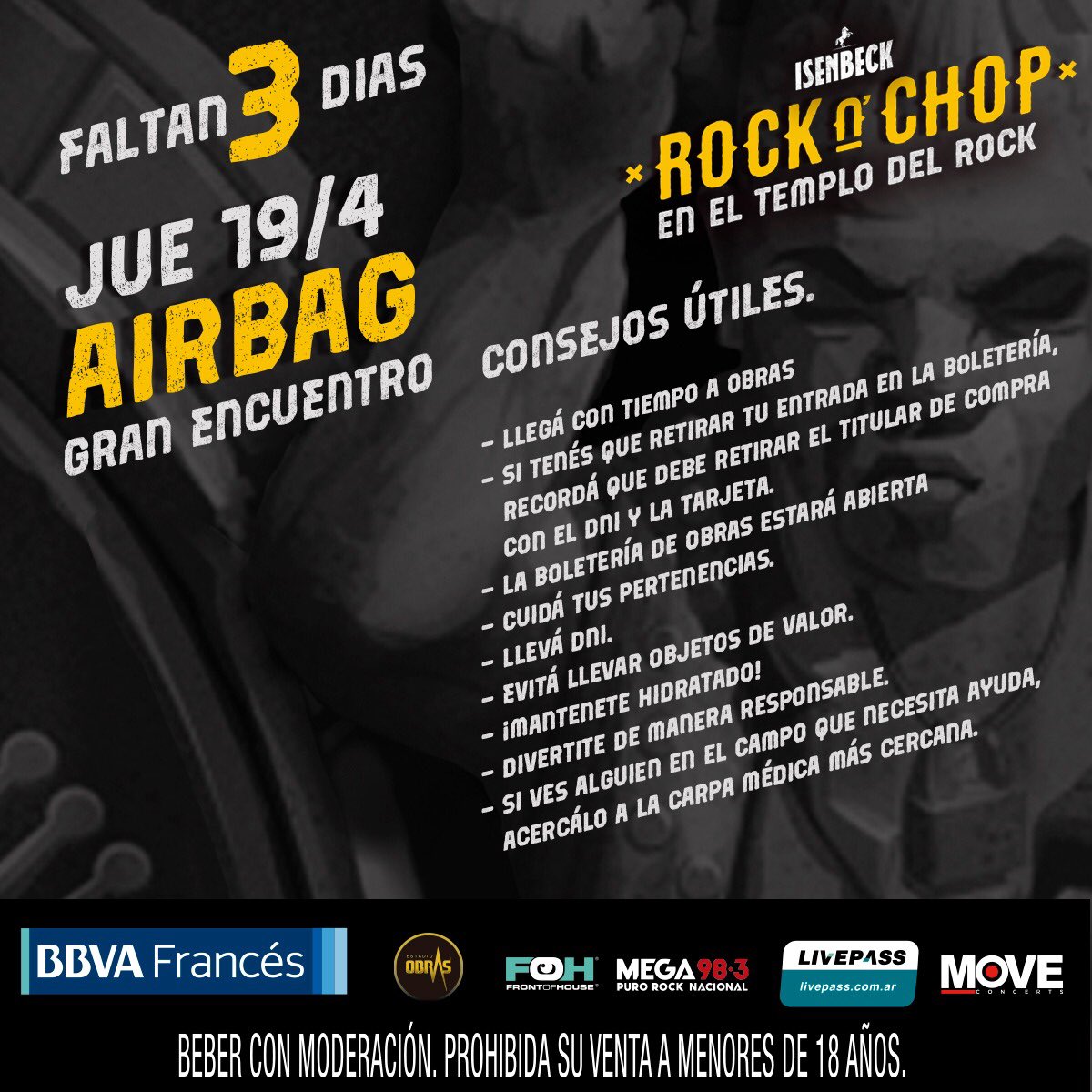 📆 ¡Faltan sólo 3 días para el gran encuentro de <a href="/AIRBAGoficial/">Patricio Sardelli</a> en el Estadio Obras para el #RockNChop de <a href="/CervezaIsenbeck/">Cerveza Isenbeck</a> !

🎫 Conseguí tu entrada en livepass.com.ar