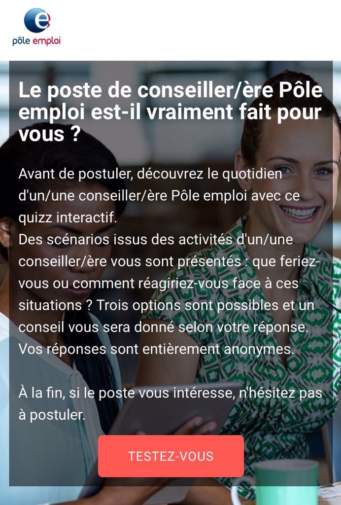 Le poste de conseiller  @pole_emploi est-il fait pour vous? Découvrez son quotidien: quizz interactif @pole_emploi ow.ly/M1eN30jubxQ: passez ce test, découvrez l'ampleur des #competences #softskills recquis pour être un conseiller à Pôle emploi 💡#AvecPôleEmploi