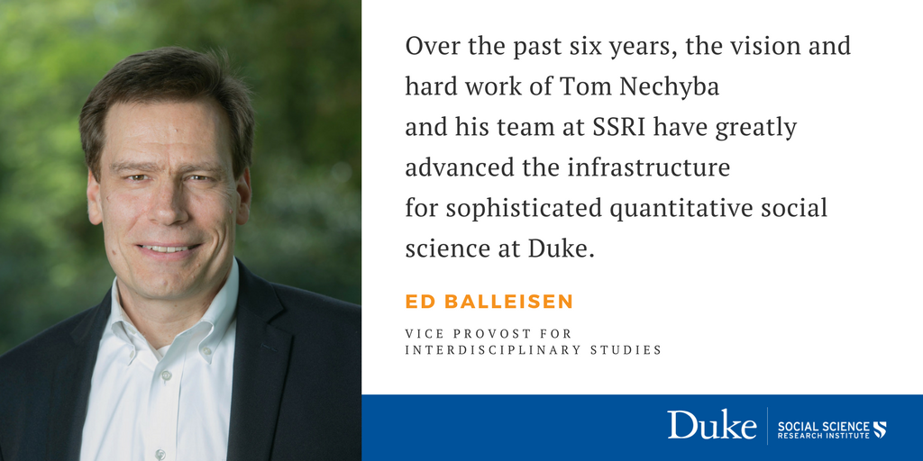 DukeSSRI's tweet photo. It's with sadness and incredible gratitude that we will say goodbye to our Director Thomas Nechyba in June 2019. He will return to teaching and research in @DukeEcon and remains director of #DukeMIDS, our new master's program in data science. https://t.co/G6P28EuupX https://t.co/AmJt0Qg2Qd