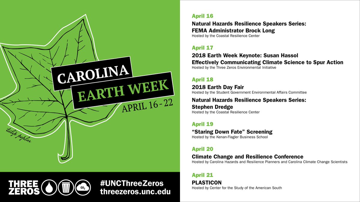 UNC's tweet photo. Find out how you can celebrate #UNCEarthWeek2018 with events across campus that support the #UNCThreeZeros initiative 
👉https://t.co/mjR0ewX706 https://t.co/2Mv7vr8gvU