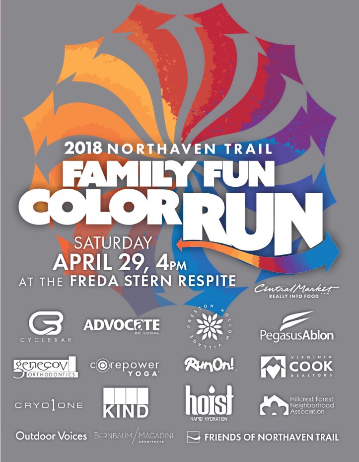 NorthavenTrail's tweet image. Family Fun #ColorRun on April 29. Sign up: playtri.com/all-races/nort… @CentralMarket @CBPrestonForest @Advocate_PH @PHVillageDallas @genecovortho @CorePowerYoga @RunOnTexas @MyVirginiaCook @cryo1one @supportKIND @drinkhoist @OutdoorVoices @NHTFunRun @DallasParkRec @CityOfDallas