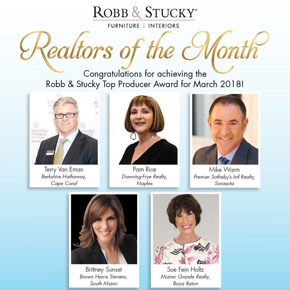 RobbStucky's tweet photo. @RobbStucky proudly announces the Realtors of the month for March 2018. Congratulations to Terry Van Eman, Pam Rice, Mike Warm, Brittney Sunset, and Sue Fein Holtz for achieving the Robb & Stucky top producer award! #realtorofthemonth #naples #miami #boca #sarasota #capecoral https://t.co/QBMr6suVtQ