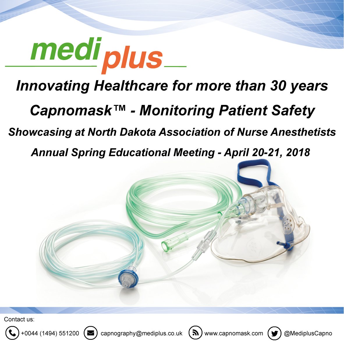 MediplusCapno's tweet photo. Mediplus Ltd and their US Team will be at the NDANA Annual Spring Educational Meeting showcasing their #Capnography range.
Visit https://t.co/Y0YLnHO3La for more information on Capnomask
#Anesthesia #Anesthetist #Anesthesiology #WaveForm #Capnomask #NDANA https://t.co/iMCYybveSO