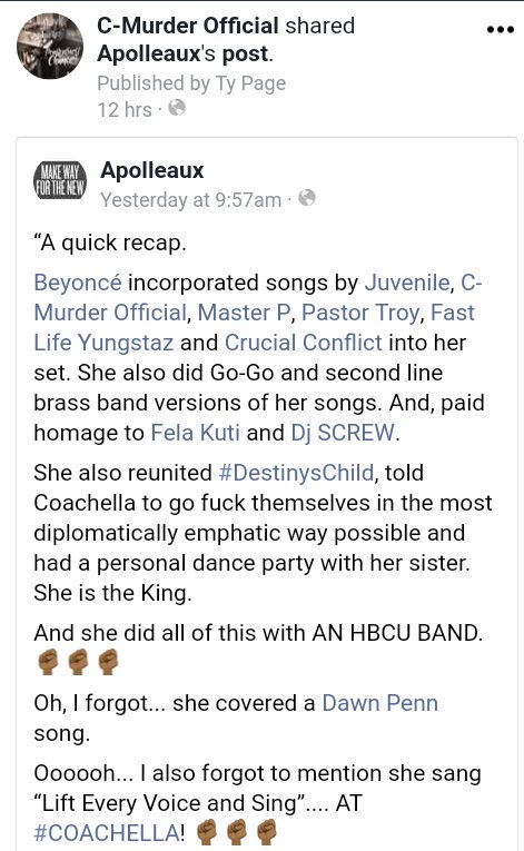 MoreMusicMoreMo's tweet photo. @trucmurder and all the legends @Beyonce paid homage to, it was well deserved &amp; recv'd.. We loved it 
#Beyonce covers DECADES of music x dance during #BeyChella 2018 seen Sampling #HubBae @JayZ x #CMurder https://t.co/CEbnnCR4Uh  #TRU #DownForMyN's instrumental. #Formation https://t.co/gZSXReK7n1