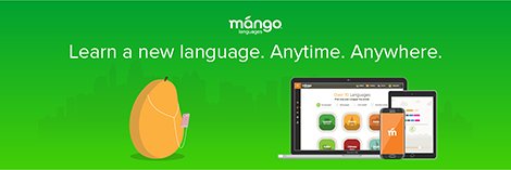 a little mango with head phones on listening to mango languages