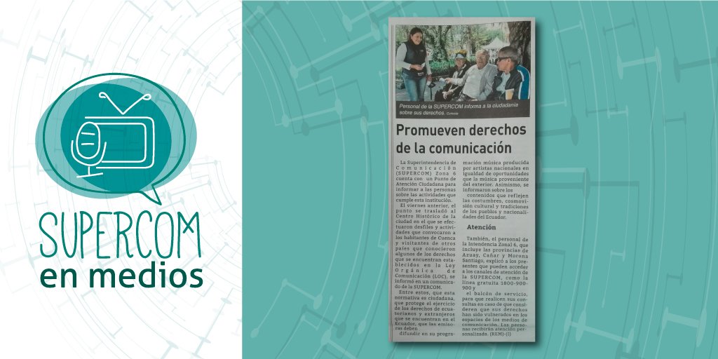 SupercomZona6's tweet photo. #SupercomEnMedios
📰"Promueven derechos de la comunicación"
Vía 👉@mercurioec https://t.co/yQEA32zrIo