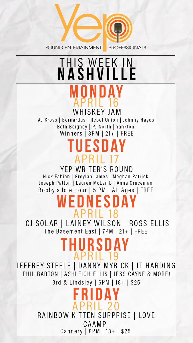 YEPNashville's tweet photo. YEP Writer's Round week! Pop and country writers on the lineup, a little bit for everyone! See you Tuesday! 🎶 https://t.co/AM4Vv6pDPt