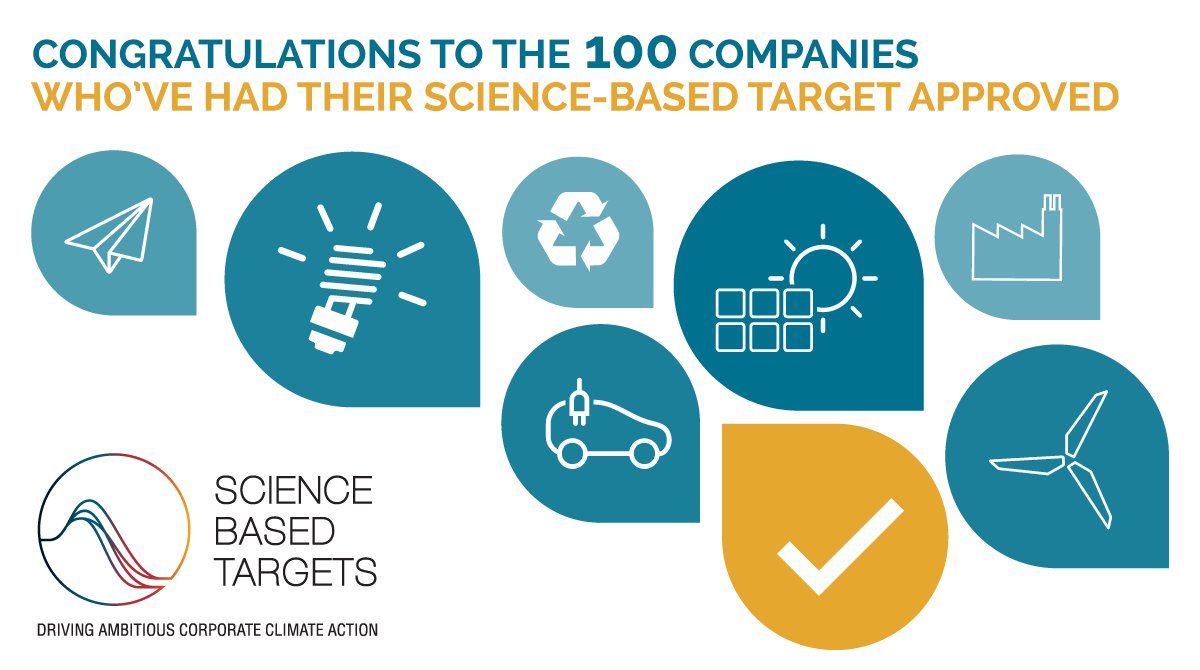 Major milestone: Over 100 companies across the world now have an approved science-based target. They're leading the way to a sustainable future! Explore our interactive map: bit.ly/SBTmap #ScienceBasedTargets