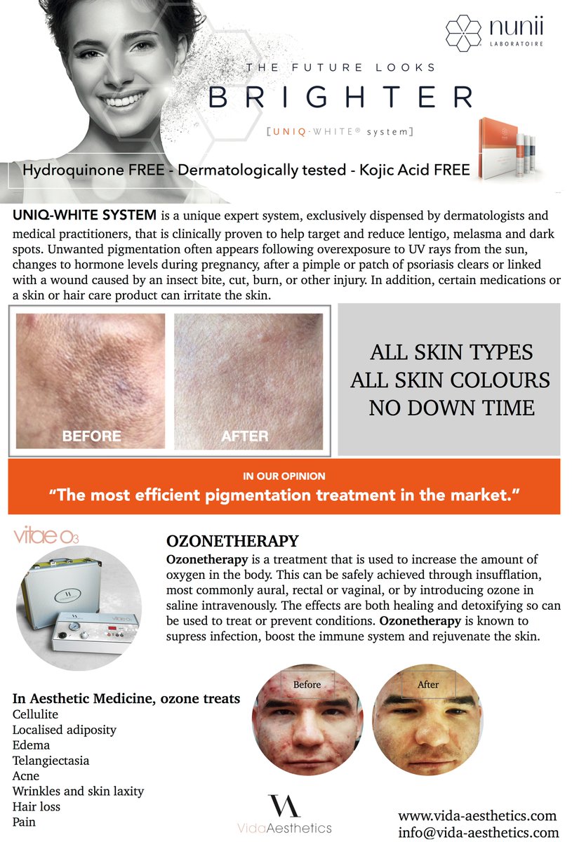 Vida Aesthetics offers IN OUR OPINION “The number 1 and the most efficient pigmentation treatment in the market.” 
vida-aesthetics.com
 #lentigo #melasma #darkspots #pigmentation #vidaaesthetics #nunii
 #PigmentationTreatment #ozonetherapy