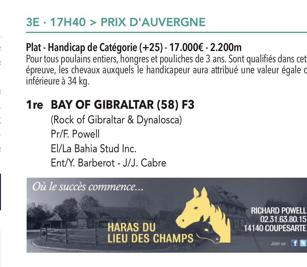 Bay of Gibraltar (<a href="/coolmorestud/">Coolmore</a> Rock of Gibraltar) wins <a href="/Villedemoulins/">Ville de Moulins</a> for trainer @Yannbarberot .congrats <a href="/FreddyPowell/">Freddy Powell</a> ,<a href="/Leopowellracing/">Leonard powell</a> <a href="/HarasLDC/">Powell Richard</a> #pourmaman #family #jaune&amp;gris