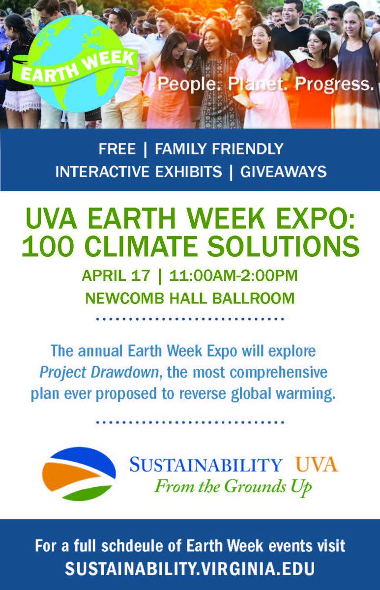 sustainableuva's tweet photo. #EarthWeek Expo: 100 #Climate Solutions, @UVA's biggest eco-event is on 4/17! We'll share @ProjectDrawdown 's top strategies to reverse global warming with +40 tables of local experts in topics like #solar #wind & #food + Free Food! https://t.co/QO2CYGU1Ga #onehelluvaplanet https://t.co/TY3Pp9tKhv