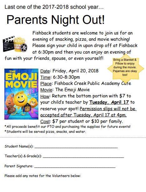 FCPA_PTO's tweet photo. Don't Forget Parents Night Out this Friday, April 20, 2018! All forms are due tomorrow Tuesday, 4.17.18 Volunteers are still needed. Sign up today https://t.co/xvGlcac5BS
#FCPA #FCPAPTO @FcpaMsdpike https://t.co/hX0sB7zJgs
