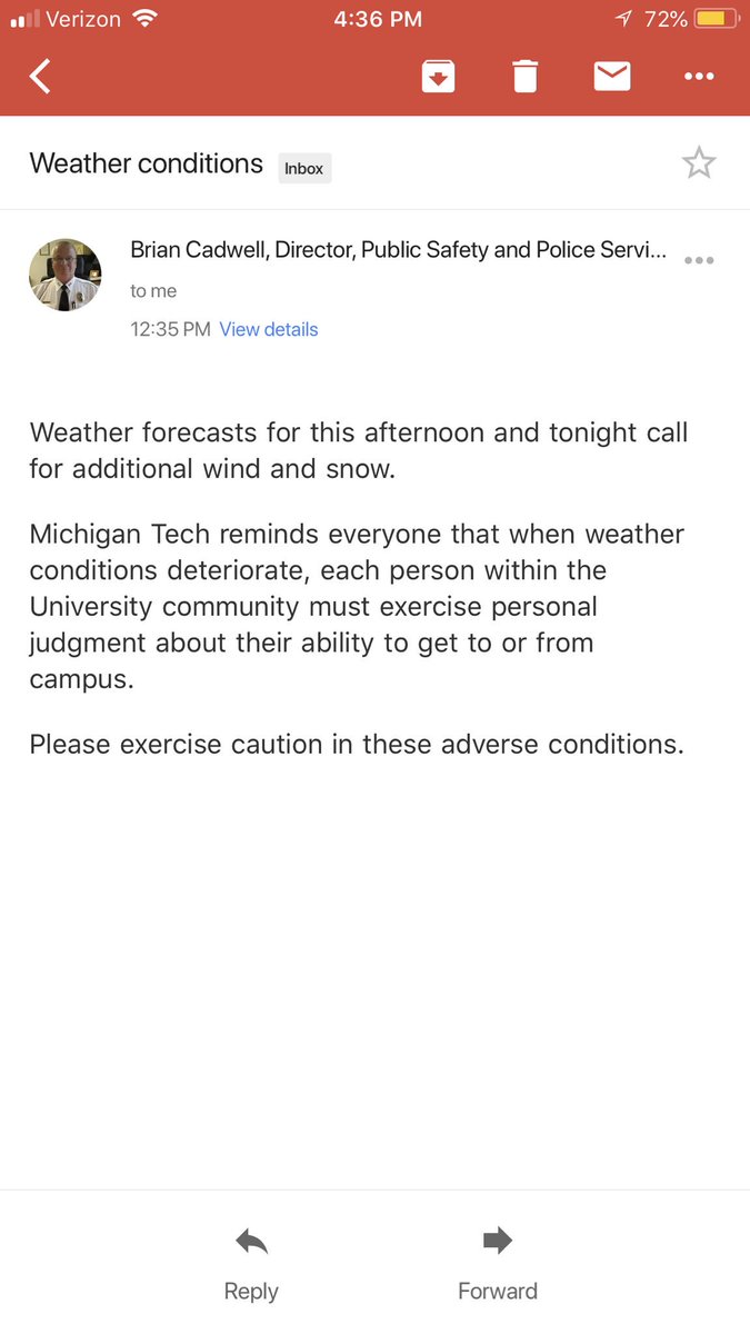 JeremyWales7's tweet photo. Literally every other school in the UP, K-12 and college, was closed today for the weather. So does Tech follow suit? Nah https://t.co/p12b4Cj1c5