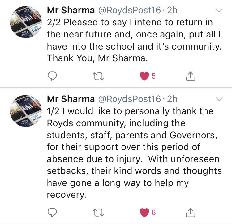 oulton_academy's tweet photo. We are looking forward to welcoming Mr Sharma back soon 😀 @RoydsPost16 https://t.co/g6BZPI235Z