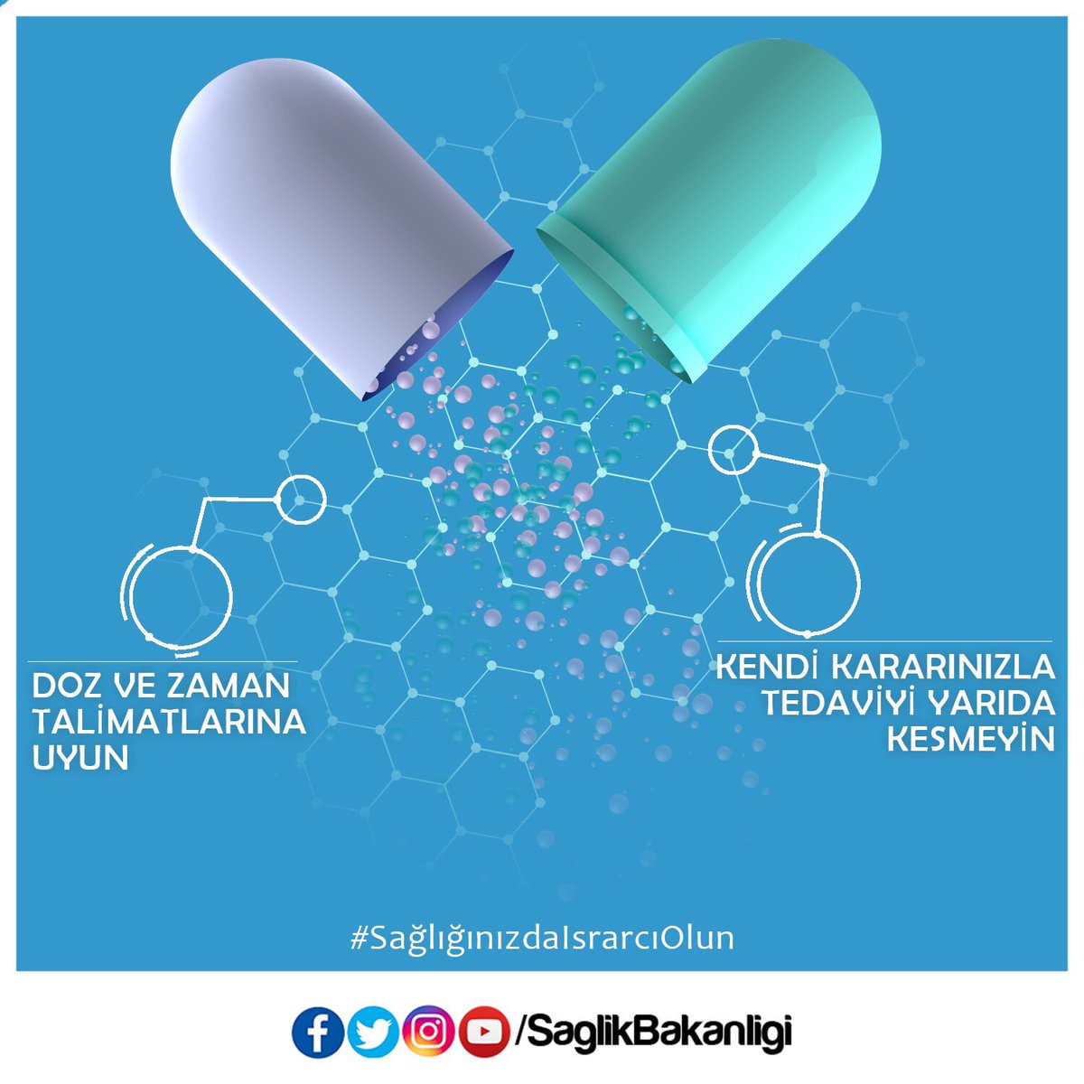 saglikbakanligi's tweet photo. 👩‍⚕Hekiminizin önerdiği antibiyotiği kullanırken;

🕰Doz ve zaman talimatlarına uyun.

💊Kendi kararınızla tedaviyi yarıda kesmeyin.

 👍#SağlığınızdaIsrarcıOlun https://t.co/hJURegKVBG