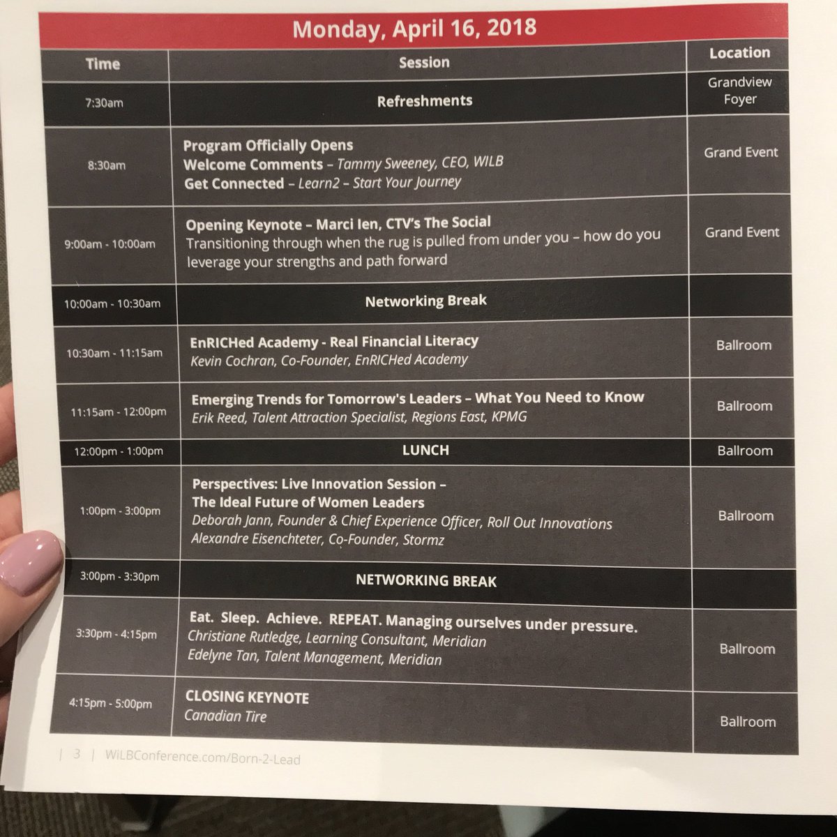 ms_etherington's tweet photo. WILB Born to Lead Conference with my students -  full learning schedule #wilb2018 #borntolead #leadership #EmergingLeaders #B2LConference #WILBConference @dsbn @EdenPrincipal  @WhiteOaksResort https://t.co/DkOL0nev8v