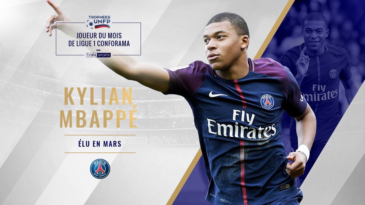 PSG_inside's tweet photo. 🏆🥇 #TropheesUNFP

Oui ! 👊
@KMbappe est élu joueur du mois de mars en @Ligue1Conforama 👏

🔴🔵 #ICICESTPARIS https://t.co/M1Y72AaeTf