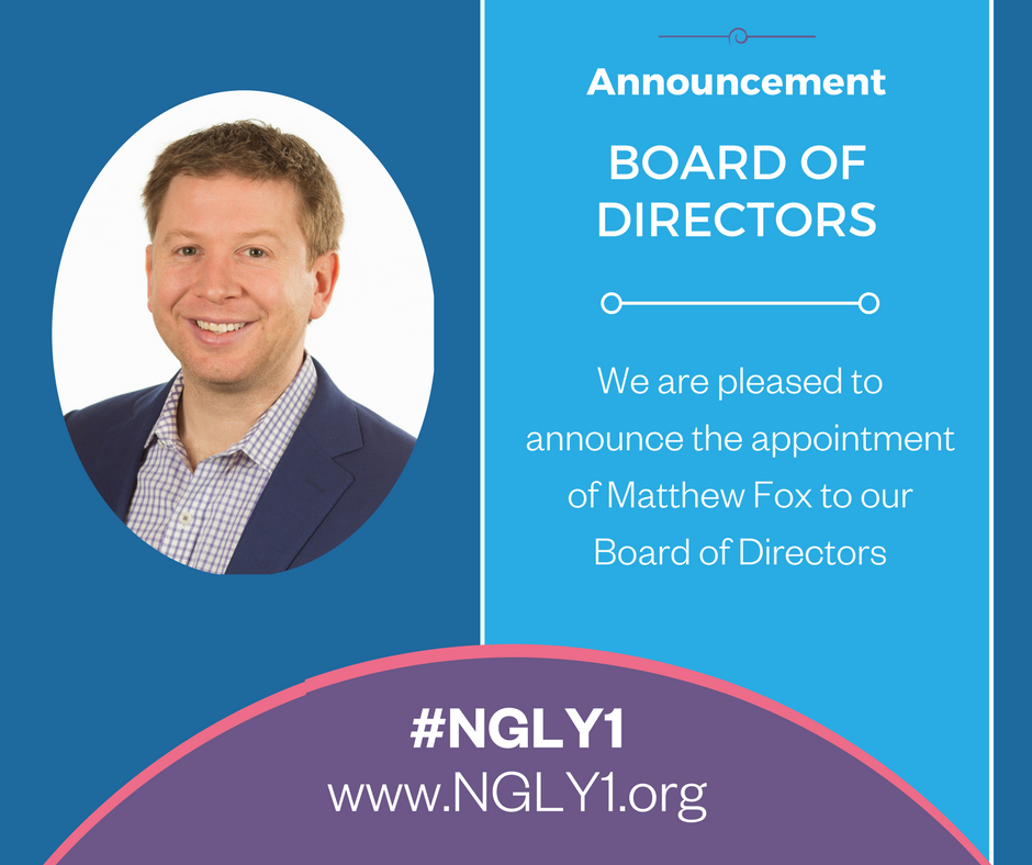 ngly1org's tweet photo. We are pleased to announce and welcome Matt Fox to our Board of Directors. Matt brings years of experience in finance, biotech, drug development and personalized therapeutics to https://t.co/4dTKmUrmlg.  https://t.co/8EAZ4YzNS7
#raredisease #ngly1 https://t.co/9RiiU0GowC