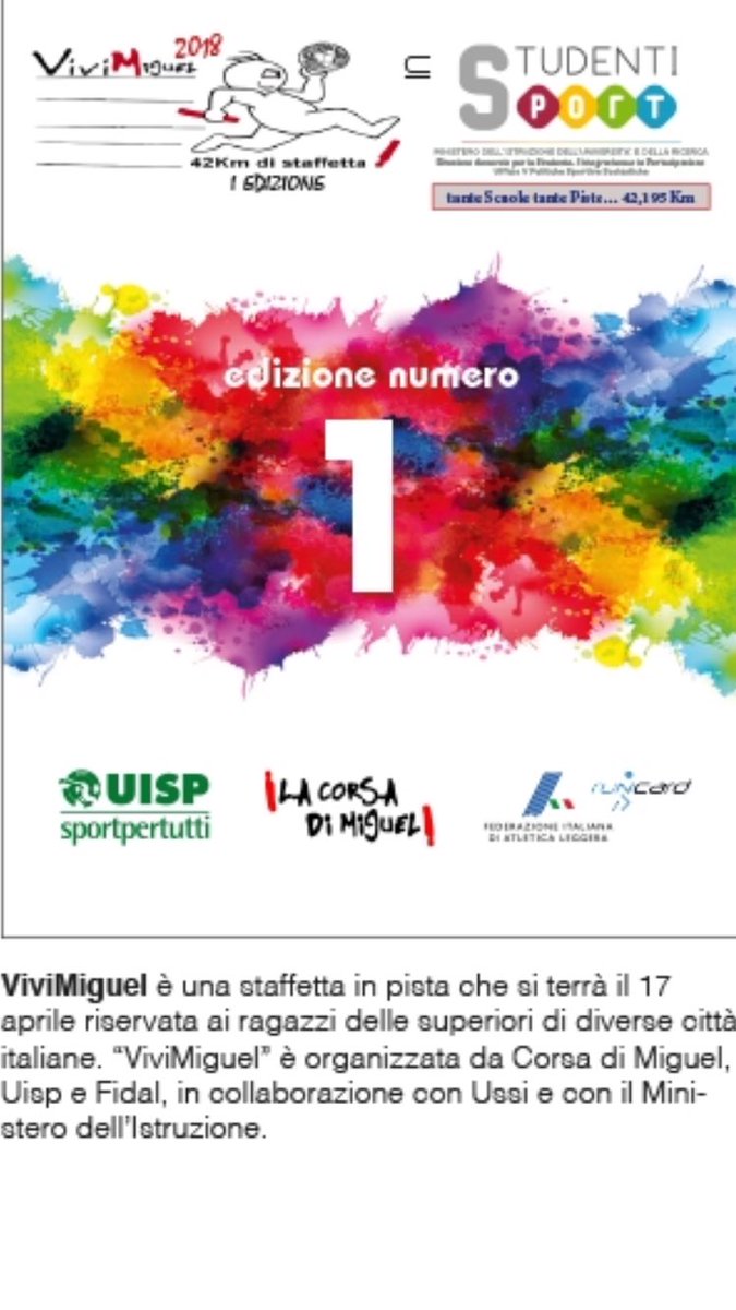 #ViviMiguel martedi #17aprile a #Roma #Milano e in altre cittá con gli studenti delle scuole Superiori italiane <a href="/lacorsadimiguel/">La Corsa di Miguel</a> <a href="/UispNazionale/">Uisp Nazionale</a> <a href="/atleticaitalia/">Atletica Italiana</a> <a href="/MiurSocial/">MiurSocial 😷</a> #Ussi