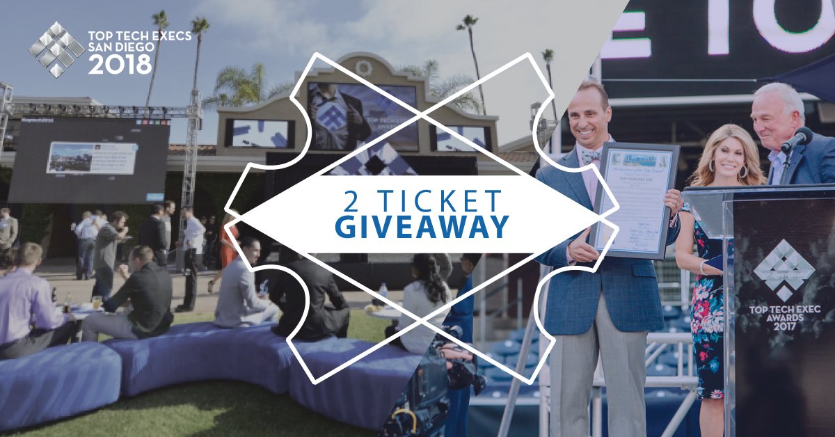 TopTechExecs's tweet photo. GIVEAWAY! Enter to win a pair of tickets to the 2018 Top Tech Exec Awards. To enter simply follow our page and share this post. Winner will be announced next Friday (April 27). Good luck! #Toptech2018 #informationtechnology #SanDiego https://t.co/PCZdCqHW1G
