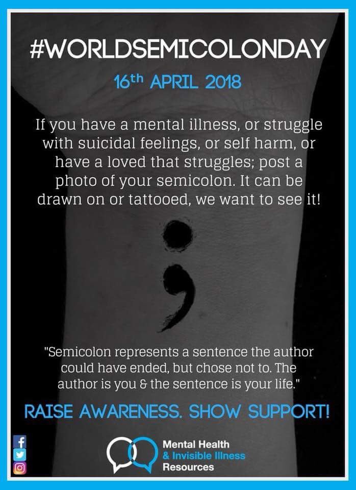 lindorzen's tweet photo. #WorldSemicolonDay2018

Project Semicolon is all about spreading hope &amp; love to those struggling with depression, suicidal thoughts, addiction, and self-injury. 

If you’re hurting, please reach out for help. 

Your story isn’t over yet. https://t.co/gAd2AEBQwu