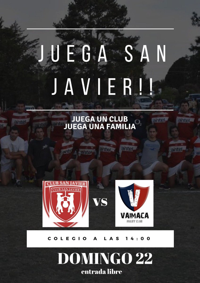 Juega un Club, juega una familia. Club San Javier recibe a <a href="/VaimacaClub/">Vaimaca Rugby Club</a> en una nueva fecha del Campeonato de Segunda División de Rugby. Domingo 22 de abril, cancha del Colegio San Javier. Vení a alentar al club que te representa! <a href="/RugbyInterioruy/">Rugby Interior Uy</a> <a href="/SanJavierRugbyC/">Club San Javier Rugby 🏉</a> <a href="/RugbyUruguay/">U.R.U.</a>