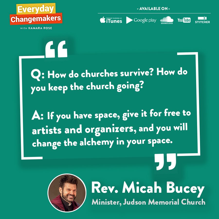 Shout out @Donnaschaper and @judsonchurchnyc for its innovative reimagining of worship space. Check out @RevMicahBucey on the Everyday Changemakers podcast talking about the power of offering space to artists and organizers. 
soundcloud.com/everydaychange…
#ressurection  #socialchange