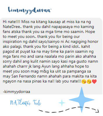 NATEholics's tweet photo. kimmyydorra's message to @nateporcalla ! Hope you'll see and read this. โบ๏ธ
#NATEnaticsFeels
#1stEntry https://t.co/f9Oy7WDuhW