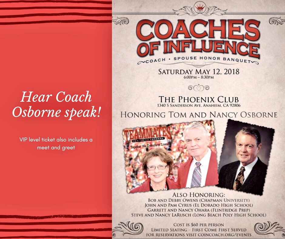 Cal4NE's tweet photo. SoCal #Huskers fans: Coach Osborne is coming to town! He will be the keynote speaker at an event hosted by Coaches of Influence - a local organization. VIP level ticket holders will have a chance to meet Coach. For more info and to purchase tickets:
https://t.co/P7vJEgNyaF https://t.co/dWdRfJDKt1