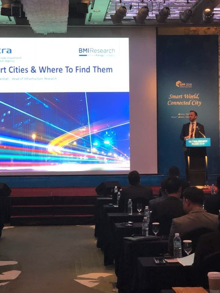 BMIResearch's tweet photo. #BMIview - Korea has a 4% global market share of ongoing infrastructure projects. As smart cities develop, this can grow significantly - BMI's Richard Marshall live at Global Project Plaza 2018 with KOTRA https://t.co/gBFkHhVkKo