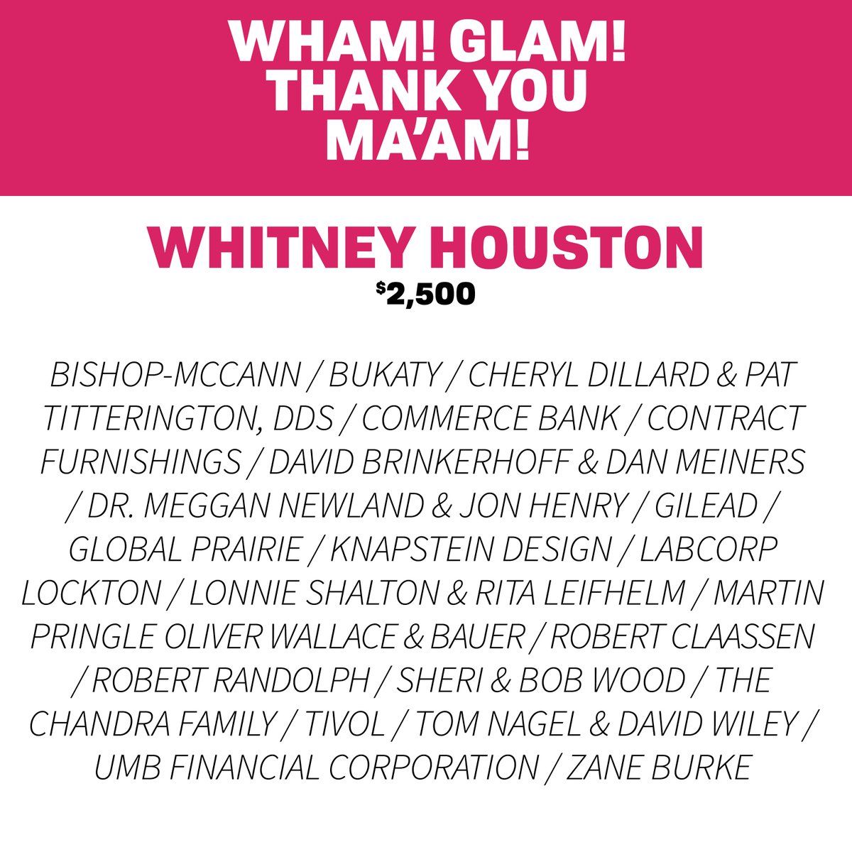 bloompartykc's tweet photo. #BloomCirque wouldn't be possible without the support of our incredible sponsors! Extending a huge thanks to our $2,500 "Whitney Houston" sponsors. PS: tickets are still available ➔ https://t.co/3PDMKX672t #BloomParty #BloomKC https://t.co/wfolSHVozS