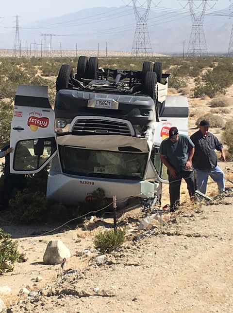 KESQ's tweet photo. A Lays truck is on its roof near Palm &amp; Varner after being blown over. 

Details-----> https://t.co/A3s9TgqvD9 https://t.co/tfnk9mRiwG